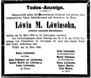 Obit from Viennese newspaper, 1898, showing family members